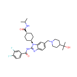 CC(C)NC(=O)[C@H]1CC[C@@H](n2c(NC(=O)c3ccc(F)c(F)c3)nc3ccc(CN4CCC(C(C)(C)O)CC4)cc32)CC1 ZINC001772651327