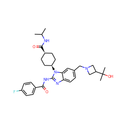 CC(C)NC(=O)[C@H]1CC[C@@H](n2c(NC(=O)c3ccc(F)cc3)nc3ccc(CN4CC(C(C)(C)O)C4)cc32)CC1 ZINC001772647661