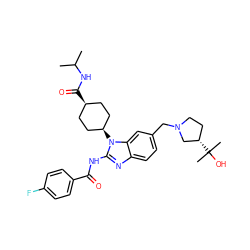 CC(C)NC(=O)[C@H]1CC[C@@H](n2c(NC(=O)c3ccc(F)cc3)nc3ccc(CN4CC[C@H](C(C)(C)O)C4)cc32)CC1 ZINC001772639696