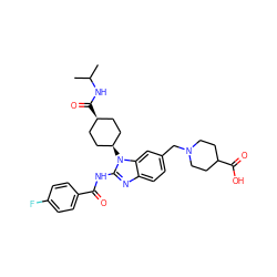 CC(C)NC(=O)[C@H]1CC[C@@H](n2c(NC(=O)c3ccc(F)cc3)nc3ccc(CN4CCC(C(=O)O)CC4)cc32)CC1 ZINC001772599011