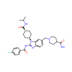 CC(C)NC(=O)[C@H]1CC[C@@H](n2c(NC(=O)c3ccc(F)cc3)nc3ccc(CN4CCC(C(N)=O)CC4)cc32)CC1 ZINC001772629600