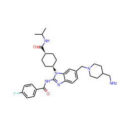 CC(C)NC(=O)[C@H]1CC[C@@H](n2c(NC(=O)c3ccc(F)cc3)nc3ccc(CN4CCC(CN)CC4)cc32)CC1 ZINC001772624228