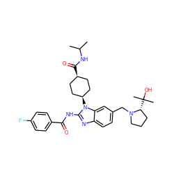 CC(C)NC(=O)[C@H]1CC[C@@H](n2c(NC(=O)c3ccc(F)cc3)nc3ccc(CN4CCC[C@H]4C(C)(C)O)cc32)CC1 ZINC001772627032