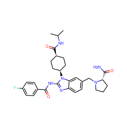 CC(C)NC(=O)[C@H]1CC[C@@H](n2c(NC(=O)c3ccc(F)cc3)nc3ccc(CN4CCC[C@H]4C(N)=O)cc32)CC1 ZINC001772652601