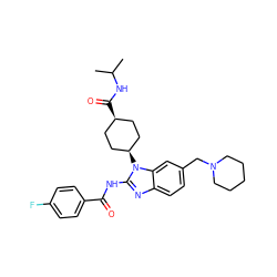 CC(C)NC(=O)[C@H]1CC[C@@H](n2c(NC(=O)c3ccc(F)cc3)nc3ccc(CN4CCCCC4)cc32)CC1 ZINC001772589232