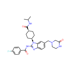 CC(C)NC(=O)[C@H]1CC[C@@H](n2c(NC(=O)c3ccc(F)cc3)nc3ccc(CN4CCNC(=O)C4)cc32)CC1 ZINC001772624229