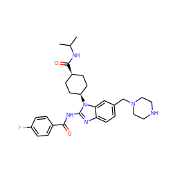 CC(C)NC(=O)[C@H]1CC[C@@H](n2c(NC(=O)c3ccc(F)cc3)nc3ccc(CN4CCNCC4)cc32)CC1 ZINC001772645061