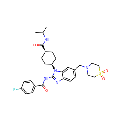 CC(C)NC(=O)[C@H]1CC[C@@H](n2c(NC(=O)c3ccc(F)cc3)nc3ccc(CN4CCS(=O)(=O)CC4)cc32)CC1 ZINC001772603118