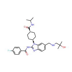 CC(C)NC(=O)[C@H]1CC[C@@H](n2c(NC(=O)c3ccc(F)cc3)nc3ccc(CNCC(C)(C)O)cc32)CC1 ZINC001772595161