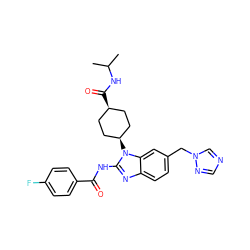 CC(C)NC(=O)[C@H]1CC[C@@H](n2c(NC(=O)c3ccc(F)cc3)nc3ccc(Cn4cncn4)cc32)CC1 ZINC001772641168