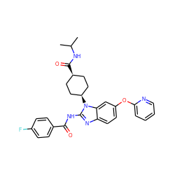 CC(C)NC(=O)[C@H]1CC[C@@H](n2c(NC(=O)c3ccc(F)cc3)nc3ccc(Oc4ccccn4)cc32)CC1 ZINC001772571107