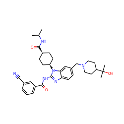 CC(C)NC(=O)[C@H]1CC[C@@H](n2c(NC(=O)c3cccc(C#N)c3)nc3ccc(CN4CCC(C(C)(C)O)CC4)cc32)CC1 ZINC001772569666