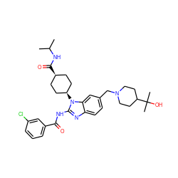 CC(C)NC(=O)[C@H]1CC[C@@H](n2c(NC(=O)c3cccc(Cl)c3)nc3ccc(CN4CCC(C(C)(C)O)CC4)cc32)CC1 ZINC001772600353