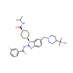 CC(C)NC(=O)[C@H]1CC[C@@H](n2c(NC(=O)c3cccc(F)c3)nc3ccc(CN4CCC(C(C)(C)O)CC4)cc32)CC1 ZINC001772616180