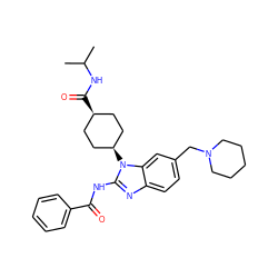 CC(C)NC(=O)[C@H]1CC[C@@H](n2c(NC(=O)c3ccccc3)nc3ccc(CN4CCCCC4)cc32)CC1 ZINC001772600354