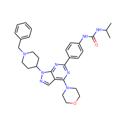 CC(C)NC(=O)Nc1ccc(-c2nc(N3CCOCC3)c3cnn(C4CCN(Cc5ccccc5)CC4)c3n2)cc1 ZINC000049784555