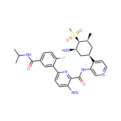 CC(C)NC(=O)c1ccc(F)c(-c2ccc(N)c(C(=O)Nc3cnccc3[C@@H]3C[C@H](C)[C@H](S(C)(=O)=O)[C@H](N)C3)n2)c1 ZINC000261135862