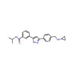 CC(C)NC(=O)c1cccc(-c2cc(-c3ccc(CNC4CC4)cc3)n[nH]2)c1 ZINC000066075034