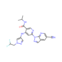 CC(C)NC(=O)c1cnc(-n2ncc3cc(C#N)cnc32)cc1Nc1cnn(CC(F)F)c1 ZINC001772624252