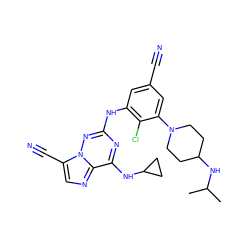 CC(C)NC1CCN(c2cc(C#N)cc(Nc3nc(NC4CC4)c4ncc(C#N)n4n3)c2Cl)CC1 ZINC000169711903