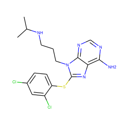 CC(C)NCCCn1c(Sc2ccc(Cl)cc2Cl)nc2c(N)ncnc21 ZINC000299868872