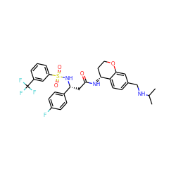 CC(C)NCc1ccc2c(c1)OCC[C@H]2NC(=O)C[C@@H](NS(=O)(=O)c1cccc(C(F)(F)F)c1)c1ccc(F)cc1 ZINC000028642909