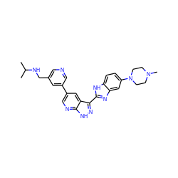 CC(C)NCc1cncc(-c2cnc3[nH]nc(-c4nc5cc(N6CCN(C)CC6)ccc5[nH]4)c3c2)c1 ZINC000072179491