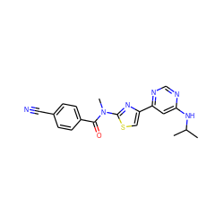 CC(C)Nc1cc(-c2csc(N(C)C(=O)c3ccc(C#N)cc3)n2)ncn1 ZINC000095571690