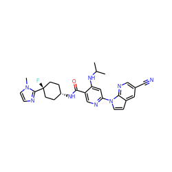 CC(C)Nc1cc(-n2ccc3cc(C#N)cnc32)ncc1C(=O)N[C@H]1CC[C@@](F)(c2nccn2C)CC1 ZINC001772640062