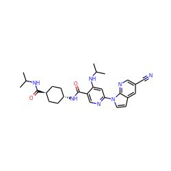 CC(C)Nc1cc(-n2ccc3cc(C#N)cnc32)ncc1C(=O)N[C@H]1CC[C@H](C(=O)NC(C)C)CC1 ZINC001772582795