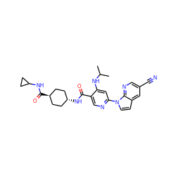 CC(C)Nc1cc(-n2ccc3cc(C#N)cnc32)ncc1C(=O)N[C@H]1CC[C@H](C(=O)NC2CC2)CC1 ZINC001772593188