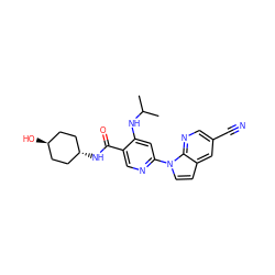 CC(C)Nc1cc(-n2ccc3cc(C#N)cnc32)ncc1C(=O)N[C@H]1CC[C@H](O)CC1 ZINC001772621213