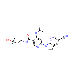 CC(C)Nc1cc(-n2ccc3cc(C#N)cnc32)ncc1C(=O)NCCC(C)(C)O ZINC001772589624