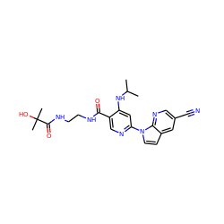 CC(C)Nc1cc(-n2ccc3cc(C#N)cnc32)ncc1C(=O)NCCNC(=O)C(C)(C)O ZINC001772598082