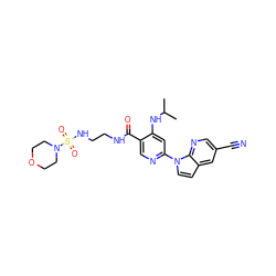 CC(C)Nc1cc(-n2ccc3cc(C#N)cnc32)ncc1C(=O)NCCNS(=O)(=O)N1CCOCC1 ZINC001772606301