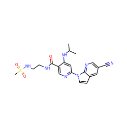 CC(C)Nc1cc(-n2ccc3cc(C#N)cnc32)ncc1C(=O)NCCNS(C)(=O)=O ZINC001772608171