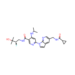 CC(C)Nc1cc(-n2ccc3cc(CNC(=O)C4CC4)cnc32)ncc1C(=O)NC[C@@H](F)C(C)(C)O ZINC001772653784