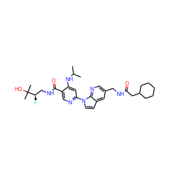 CC(C)Nc1cc(-n2ccc3cc(CNC(=O)CC4CCCCC4)cnc32)ncc1C(=O)NC[C@@H](F)C(C)(C)O ZINC001772647925