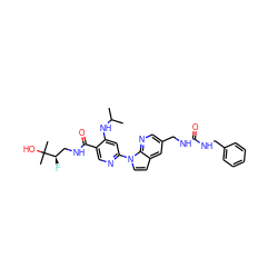 CC(C)Nc1cc(-n2ccc3cc(CNC(=O)NCc4ccccc4)cnc32)ncc1C(=O)NC[C@@H](F)C(C)(C)O ZINC001772574212