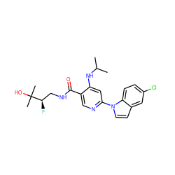 CC(C)Nc1cc(-n2ccc3cc(Cl)ccc32)ncc1C(=O)NC[C@@H](F)C(C)(C)O ZINC001772617437