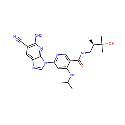 CC(C)Nc1cc(-n2cnc3cc(C#N)c(N)nc32)ncc1C(=O)NC[C@@H](F)C(C)(C)O ZINC001772643506