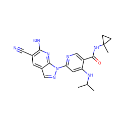 CC(C)Nc1cc(-n2ncc3cc(C#N)c(N)nc32)ncc1C(=O)NC1(C)CC1 ZINC001772653050