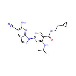 CC(C)Nc1cc(-n2ncc3cc(C#N)c(N)nc32)ncc1C(=O)NCCC1CC1 ZINC001772648341