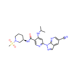 CC(C)Nc1cc(-n2ncc3cc(C#N)cnc32)ncc1C(=O)N[C@@H]1CCCN(S(C)(=O)=O)C1 ZINC001772653679