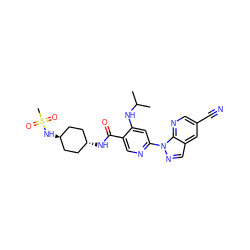 CC(C)Nc1cc(-n2ncc3cc(C#N)cnc32)ncc1C(=O)N[C@H]1CC[C@H](NS(C)(=O)=O)CC1 ZINC001772608367