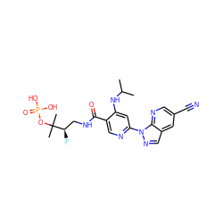 CC(C)Nc1cc(-n2ncc3cc(C#N)cnc32)ncc1C(=O)NC[C@@H](F)C(C)(C)OP(=O)(O)O ZINC001772577054