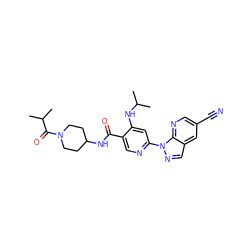 CC(C)Nc1cc(-n2ncc3cc(C#N)cnc32)ncc1C(=O)NC1CCN(C(=O)C(C)C)CC1 ZINC001772633946