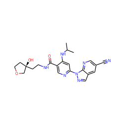 CC(C)Nc1cc(-n2ncc3cc(C#N)cnc32)ncc1C(=O)NCC[C@@]1(O)CCOC1 ZINC001772621130