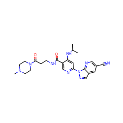 CC(C)Nc1cc(-n2ncc3cc(C#N)cnc32)ncc1C(=O)NCCC(=O)N1CCN(C)CC1 ZINC001772647717