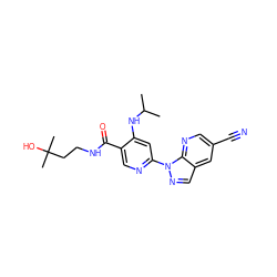 CC(C)Nc1cc(-n2ncc3cc(C#N)cnc32)ncc1C(=O)NCCC(C)(C)O ZINC001772587036